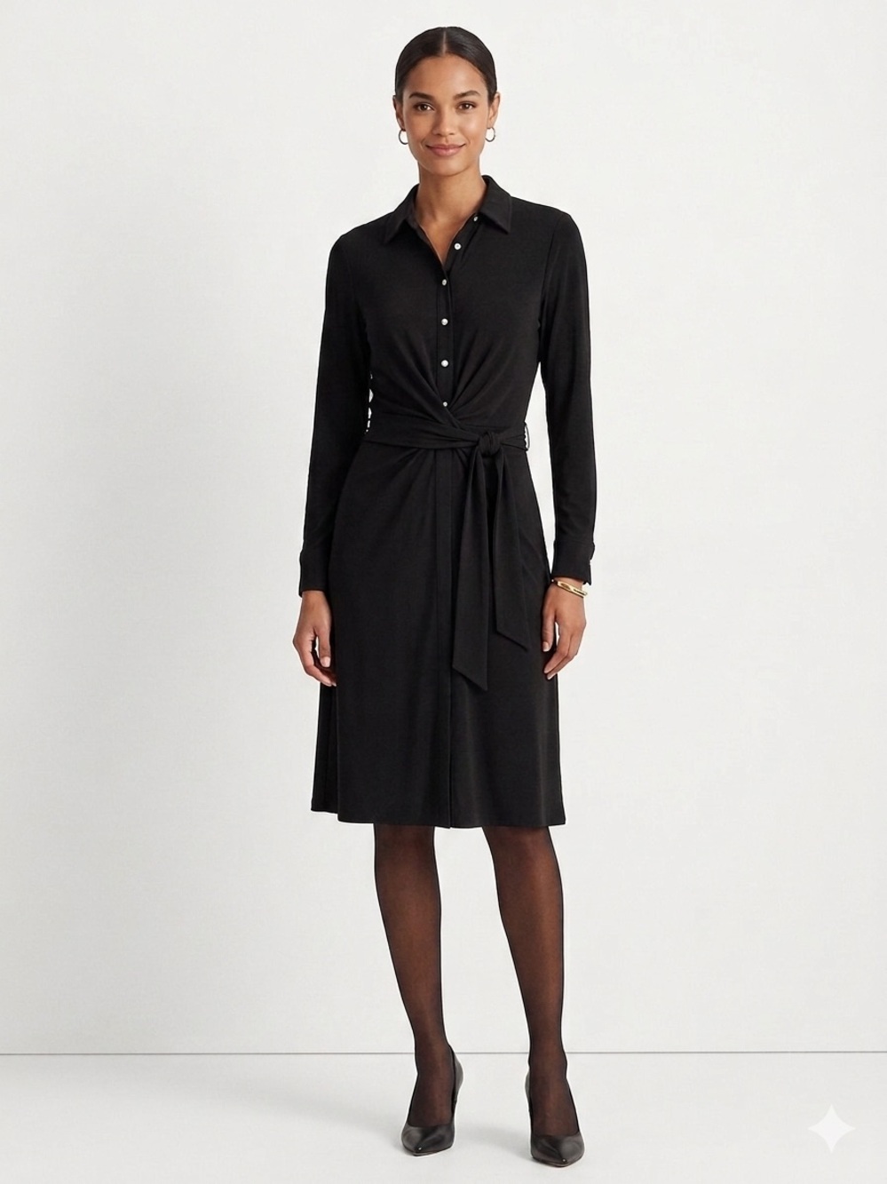 Lauren Ralph Lauren Black Twist-Front Shirt Dress Long-Sleeve Sz 12 NWT
